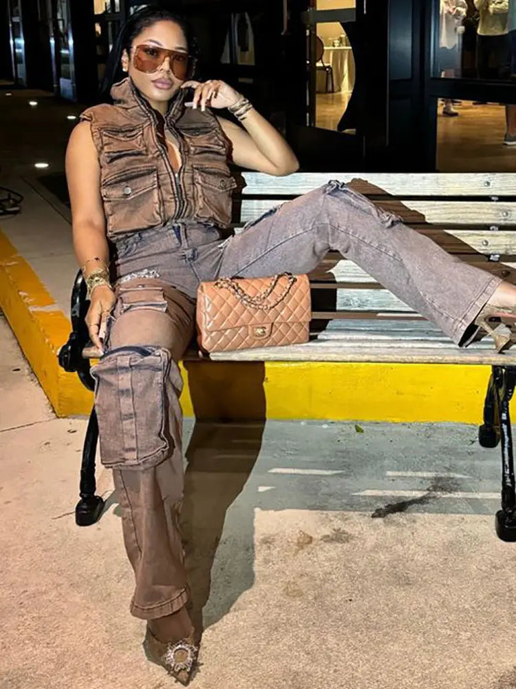 Jeans cargo alla moda con frange