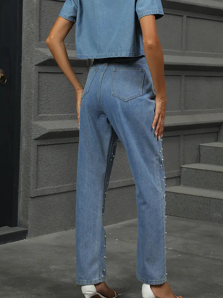 Pantaloni in denim dritti con accenti di perle autunnali