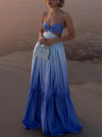 Abito lungo a strati con stampa a colori sfumati e vita ritagliata