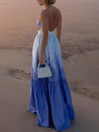 Abito lungo a strati con stampa a colori sfumati e vita ritagliata