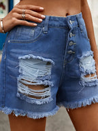 Short en jean boutonné à ourlet effiloché et usé