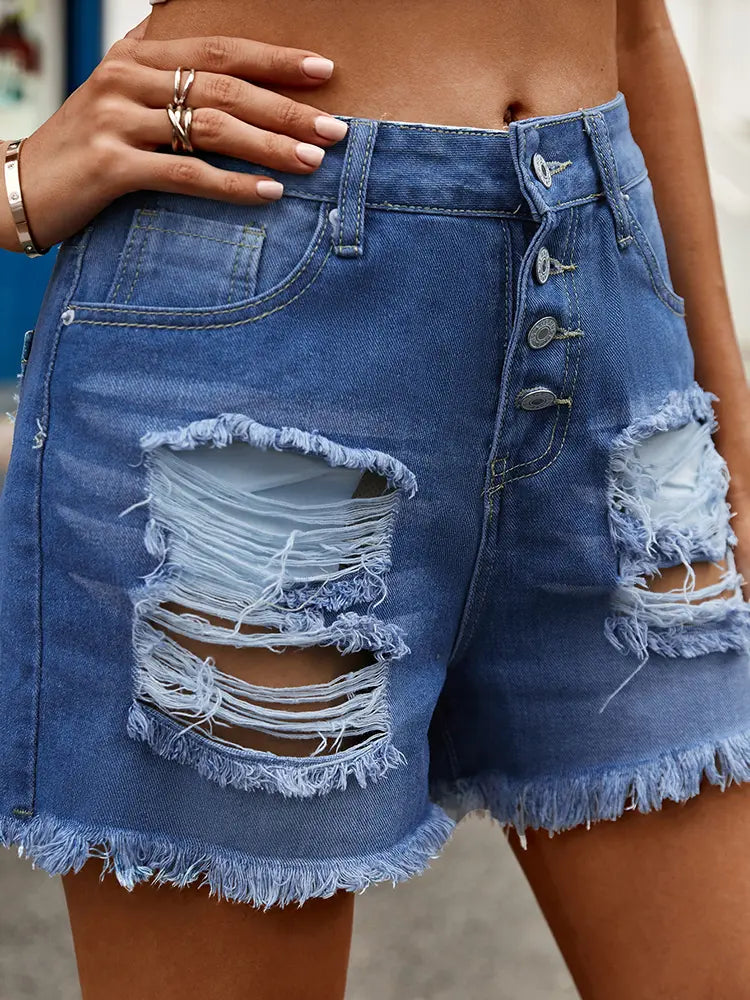 Short en jean boutonné à ourlet effiloché et usé