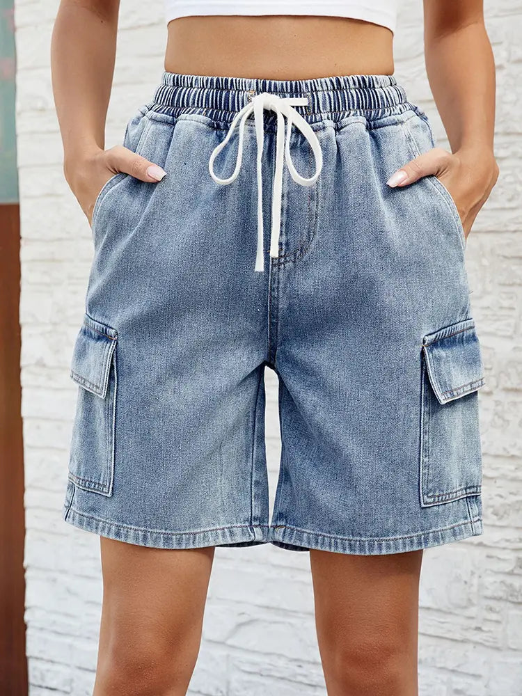 Shorts in denim elasticizzati con vita a cravatta lavati