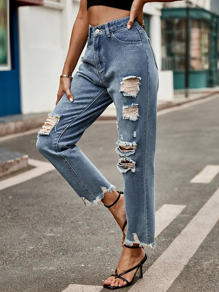 Jeans Cropped Slim-Fit Sfilacciati alla Moda