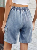 Shorts in denim elasticizzati con vita a cravatta lavati