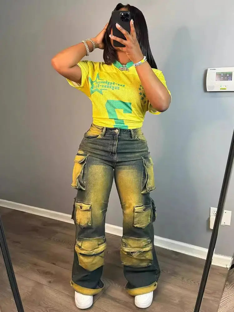 Jeans cargo a vita alta alla moda