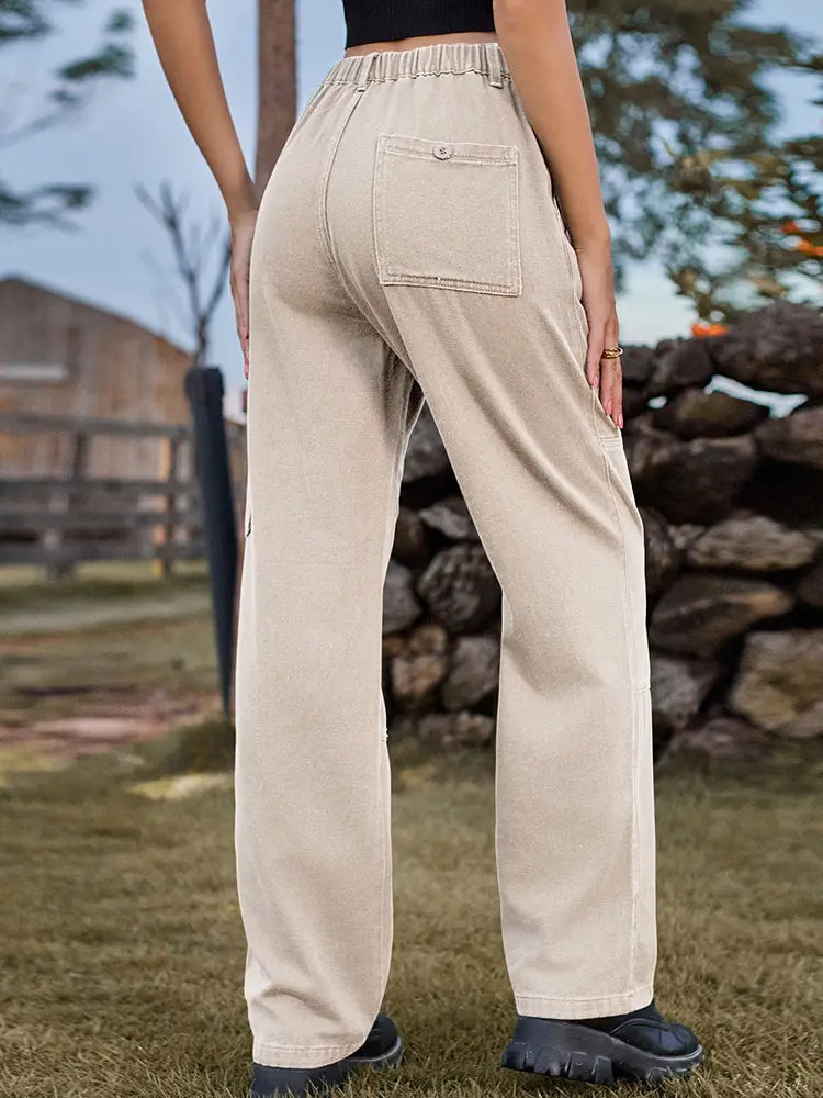 Pantalon cargo en denim à taille élastique et coupe décontractée