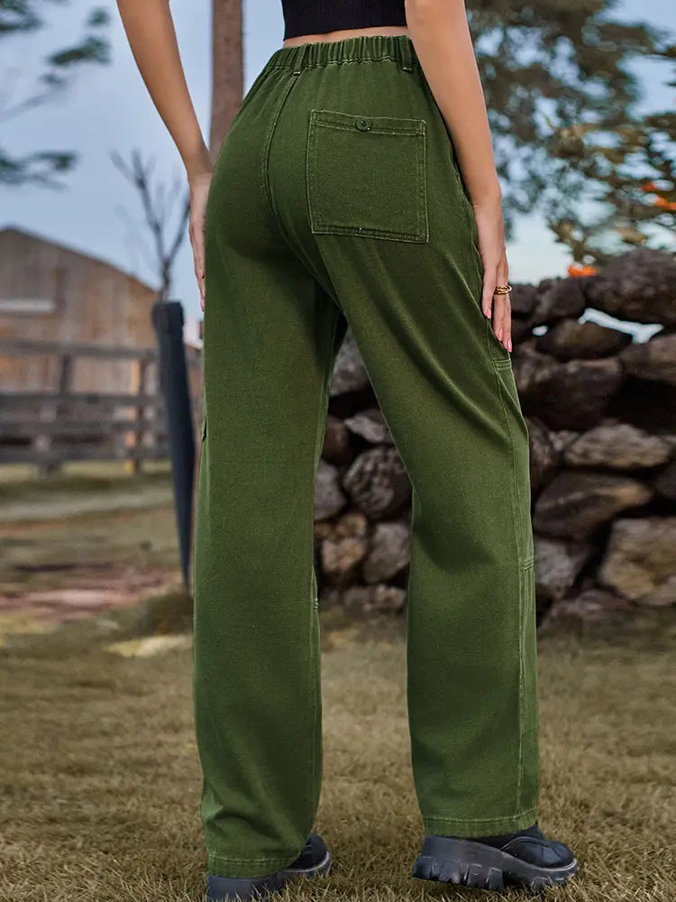 Pantalon cargo en denim à taille élastique et coupe décontractée