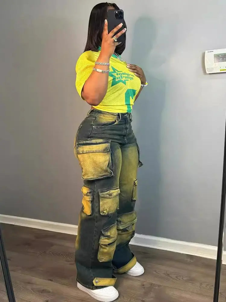 Jeans cargo a vita alta alla moda