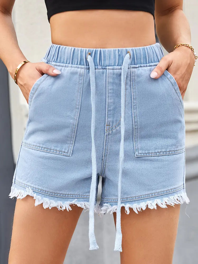 Shorts in denim con vita alta e coulisse