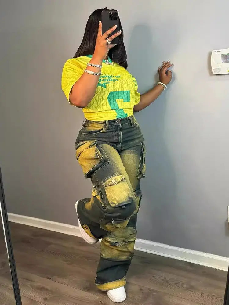 Jeans cargo a vita alta alla moda