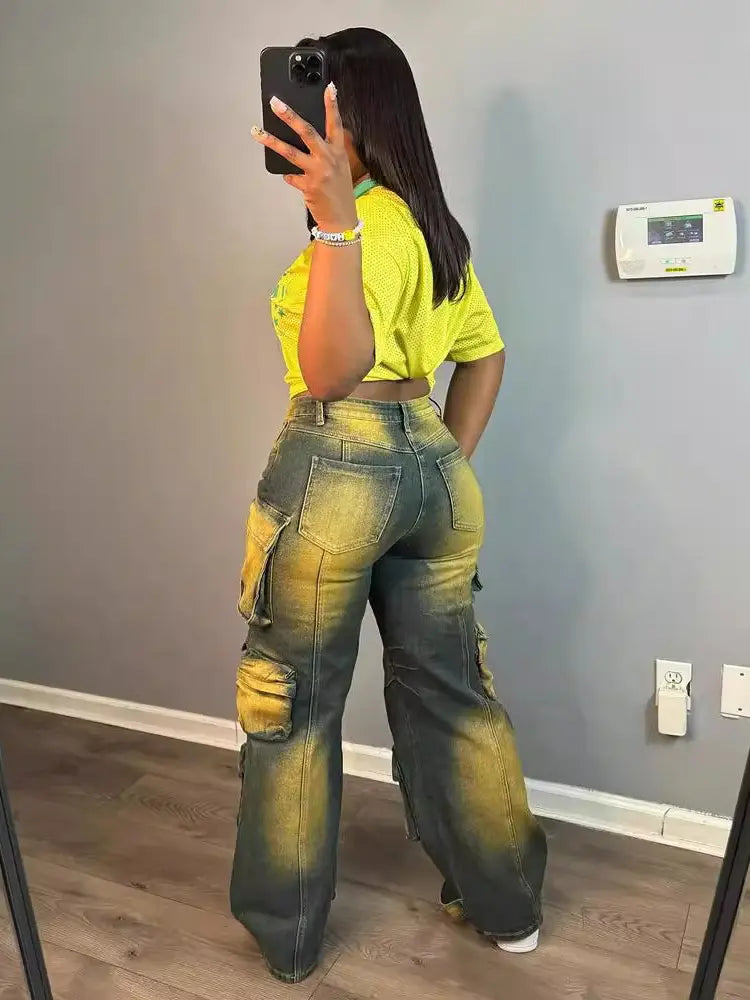 Jeans cargo a vita alta alla moda