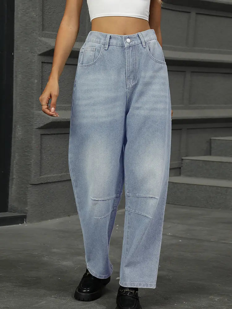 Pantaloni Harem in Denim Lavati Relaxed Cropped