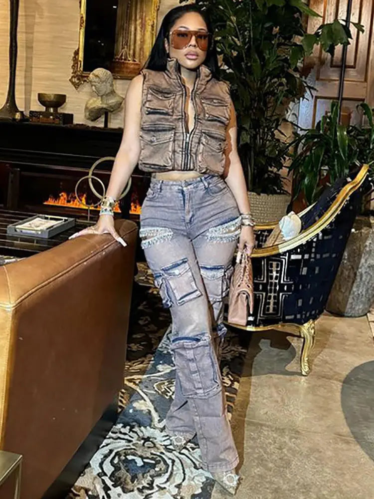 Jeans cargo alla moda con frange