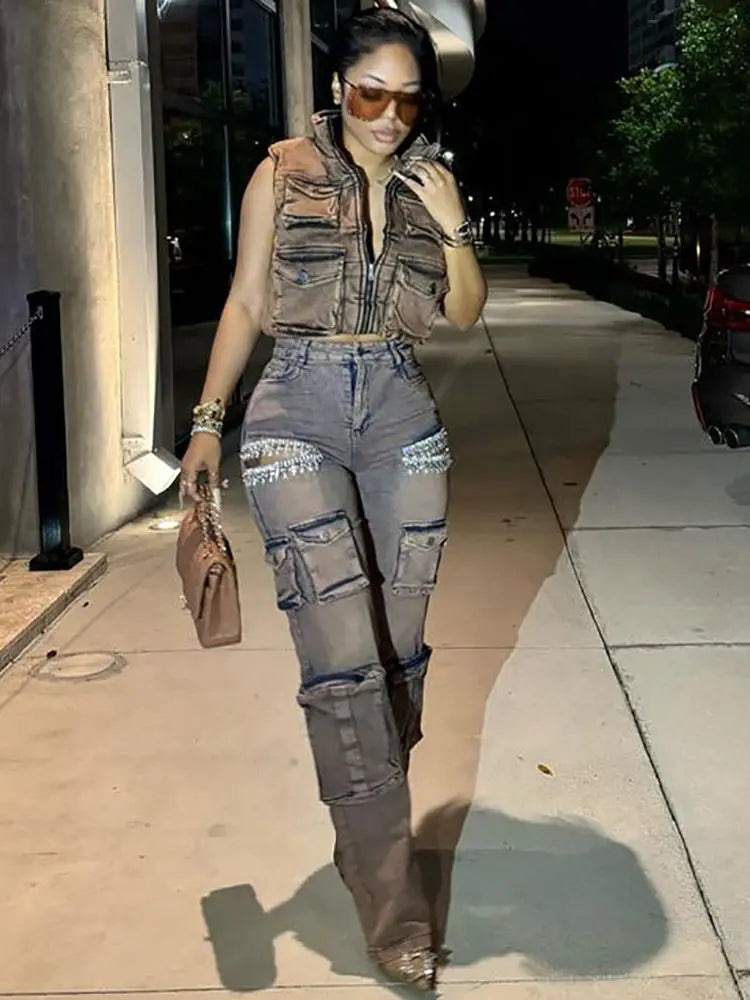 Jeans cargo alla moda con frange