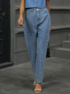 Pantaloni in denim dritti con accenti di perle autunnali