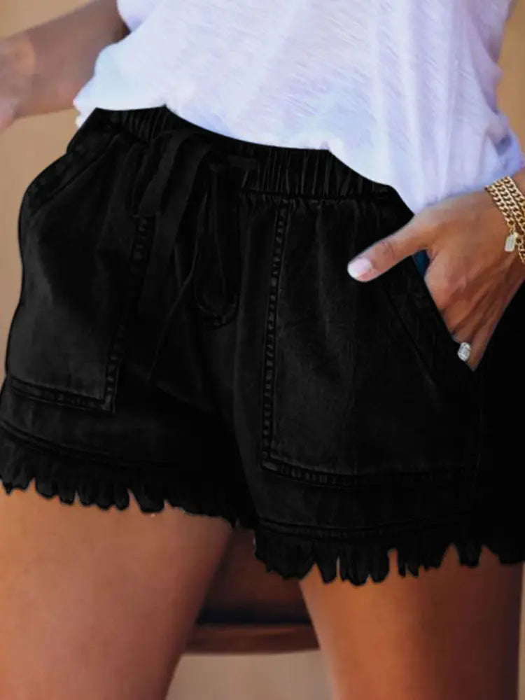 Shorts in denim slim con vita alta e coulisse